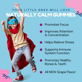 Dr. Klein's Naturally Calm Gummies for Kids - Grape Flavor, Includes Linden, Chamomile & Thiamine to Alleviate Restlessness, Stress Relief for Focus & Attention, Vitamins & Minerals - 30 Gummies