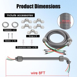 1/2Inch Power Whips Assembly, 8FT Nonmetallic Liquid Tight Flexible Conduit Wire with 3 Conductors 10 Gauge THHN Electrical Wires, A/C Hook-up Whip Kit Electrical Wire(8FTx1/2Inch)