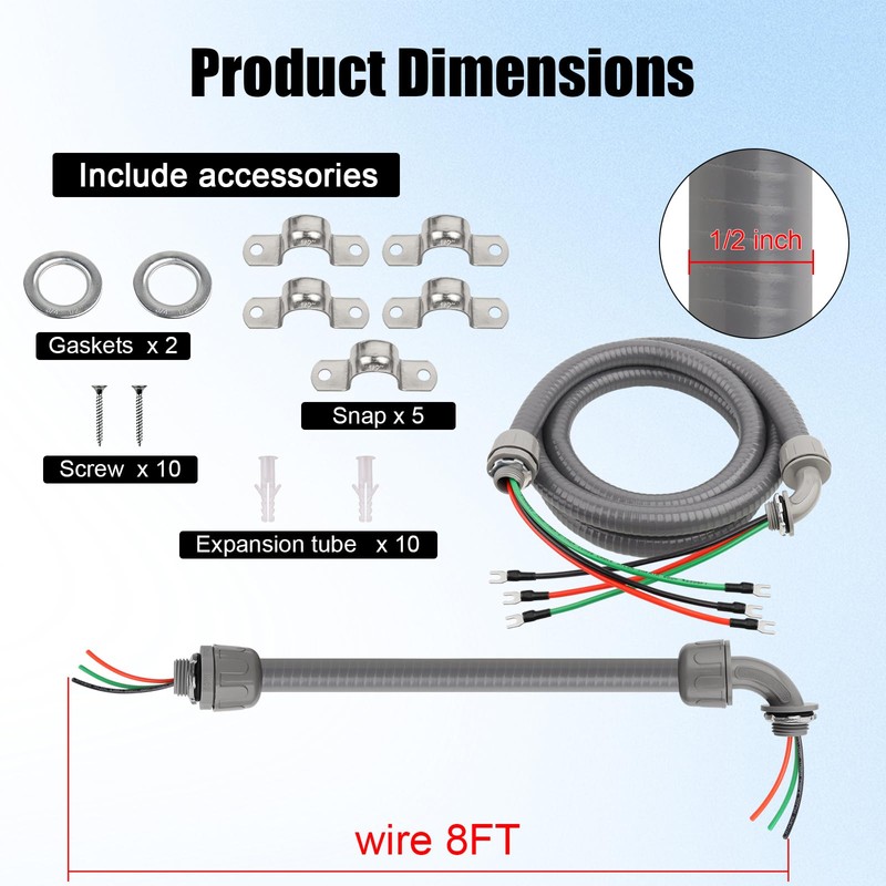 1/2Inch Power Whips Assembly, 8FT Nonmetallic Liquid Tight Flexible Conduit