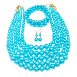 Faux Large Pearl Necklace for Women Five Multi Strand Pearl Necklace Bracelet Earrings set Big Pearl Bib Necklace 1920s Costume Jewelry Set, Adjustable, Faux Pearl, Created Pearl