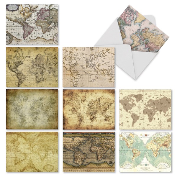 10 Thank You Greeting Cards Featuring World Map - 'Map Quests' Greeting Card with Vintage Map for All Occasions - Stationery Note Card Set with White Envelopes 4 x 5.12 inch M2076