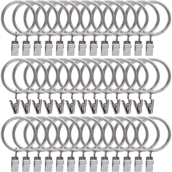 40pcs Rustproof Drapery Matte Stainless Steel Metal Curtain Rings with Clips 1.5 inch Drapery Rings (1.5" Interior Diameter) (Silver)