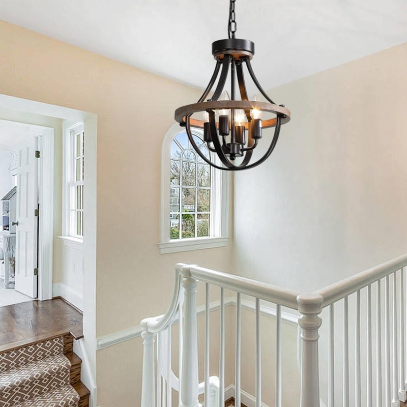 Lanpesting Farmhouse Chandelier, Modern Hanging Pendant Lighting, 4-Light Rustic Ceiling
