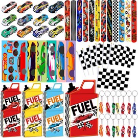 72Pcs Race Car Party Favors Racing Car Birthday Party Supplies Race Car Fuel Can Treat Boxes Key Chains Slap Bracelets Black White Checkered Flag DIY Sticker for Kids Boy Girl Birthday Decorations