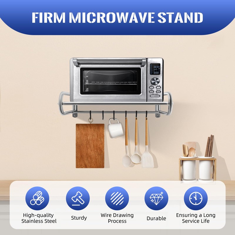 BIXIBIN Wall-Mounted 2-Tier Adjustable Microwave Stand, Stainless Steel Kitchen Organizer