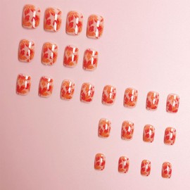 Fall Maple Leaf Press on Nails Short Square Fake Nails Glossy Full Cover Glue on Nails Thanksgiving False Nails with Red Leaves Design Artificial Autumn Acrylic Nails for Women Fall Nails Decor 24 Pcs