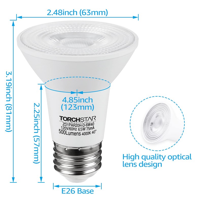TORCHSTAR 12-Pack PAR20 LED Bulbs, 6.5W 50 Watt Equivalent, 500