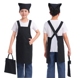 BIGHAS Kids Apron, 3-Piece Set, Triangular Cloth, Drawstring Bag, Shoulder Bag, Backcloth, Solid Color, Adjustable Size, Wrinkle Resistant, Black