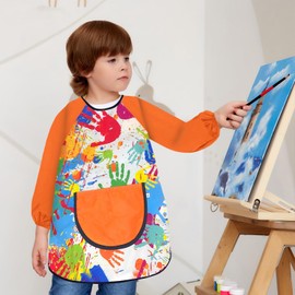 LECTNORE Kids Painting Apron Waterproof Painting Apron Long Sleeve for Kids Children's Art Smock with Pockets for Painting Cooking Eating（Height 80-100cm,Orange sleeves）