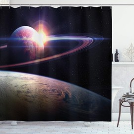 Ambesonne Galaxy Shower Curtain, Sunset in Outer Space Universe Saturn View from Planet Earth Atmosphere in Spaceship, Cloth Fabric Bathroom Decor Set with Hooks, 84" Long Extra, Black Blue