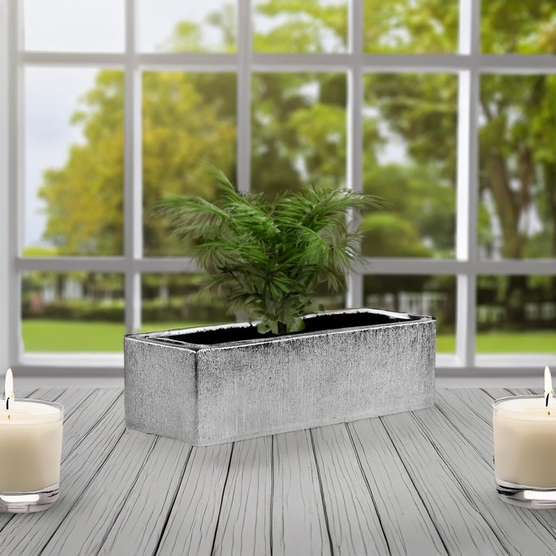 WGVI Long Rectangle Ceramic Planter Vase in Silver Etched 14"