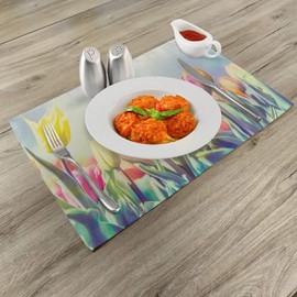 Ambesonne Pastel Place Mats Set of 4, Tulips Flower Bed in Park Serene Landscape Happiness Fresh Spring Environment Image, Washable Fabric Placemats for Dining Table, Standard Size, Multicolor