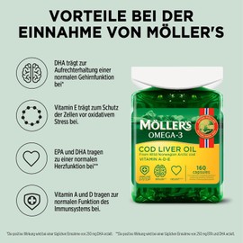 Moller's ® Cod Liver Oil Capsules Omega-3 Fatty Acids DHA & EPA, Contains Vitamin A, D & E, Supports Immune System, Heart Function, Brain Function & Vision, Pack of 160