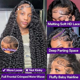 Water Wave Lace Front Wigs Human Hair 13x6 Full Frontal HD Transparent Human Hair Lace Front Wigs for Women 180% Density Deep Curly Human Hair Wigs Wet And Wavy Pre Plucked with Baby Hair 18Inch