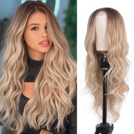 T-color Long Brown Ombre Blonde Wavy Wig for Women 26 Inch Middle Part Curly Wavy Wig Natural Looking Synthetic Heat Resistant Fiber Wig for Daily Wear, Party, Cosplay