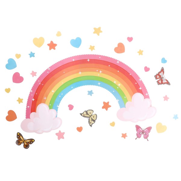 1 Set Large Rainbow Wall Stickers with Butterflies Stars Hearts Rainbow Wallpaper Colorful Star Clouds Decals for Kids Removable Baby Nursery Girls Bedroom Art Decoration