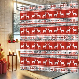 Classic Christmas Shower Curtain Farmhouse Fabric Xmas Elk Shower Curtain, Boho Red Christmas Shower Curtain for Bathroom, Vintage Reindeer Christmas Shower Curtain with Hooks 72" x 72"