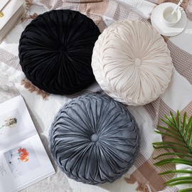 Drydiet 3 Pcs Round Pillows 15'' Diameter Velvet Pleated Throw Pillows Accent Pumpkin Throw Pillows Boho Chair Cushion for Couch Sofa Chair Bed Home Decoration, 3 Colors (Black, White, Gray)