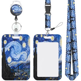Van Gogh Starry Night Sky Lanyards for ID Badges Retractable Badge Holder Removable Lanyard Keychain Vertical ID Protective Holder for Nurse Teacher Student Office