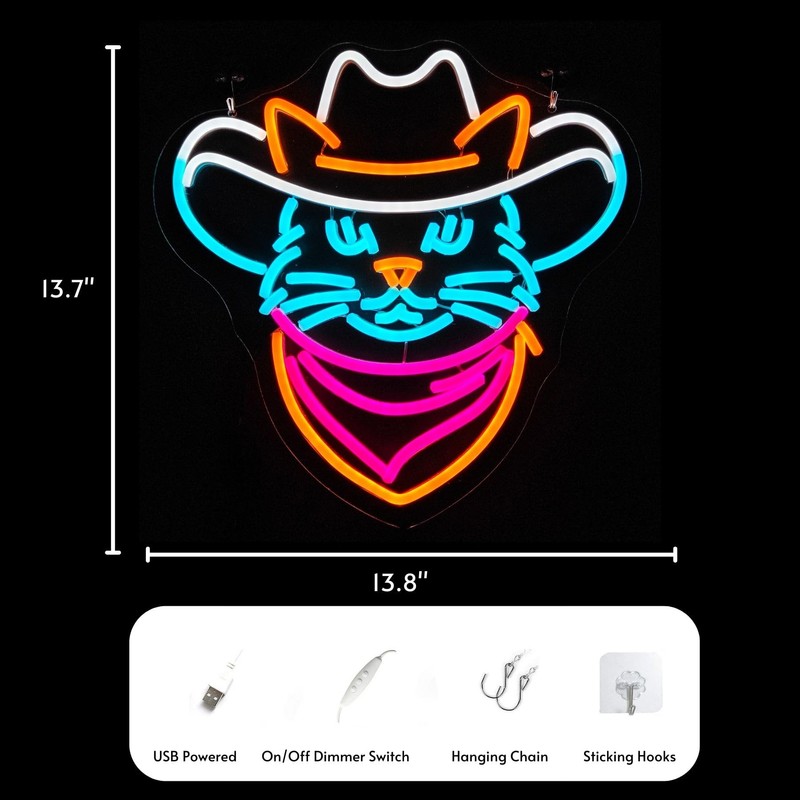 Cowboy Cat Neon Sign - Adjustable Dimmable LED Neon Light,
