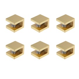 KUMGROT 6pcs Brass Glass Clamp Shower Shelf Clip U Clamp Floating Shelf Bracket Wall Mount Adjustable Support Bracket, No Drill, for 0.32"-0.39"(8-10mm) Thick Glass, Gold