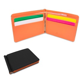 AfitLulu Mens Wallets Ultra-Thin Card Holder Wallet with Metal Money Clips and 4 Card Slots, Slim Wallet PU Leather Samll Wallet for Men (Orange)