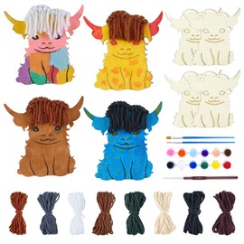 NeusWonder 24 Pcs Wooden Highland Cow Craft Kit, Highland Cow Unfished Cutouts Painting Kit with Yarn Cattle Party DIY Craft Ornament for Animal Farm Birthday Party Favors Decor Art Activity Supplies