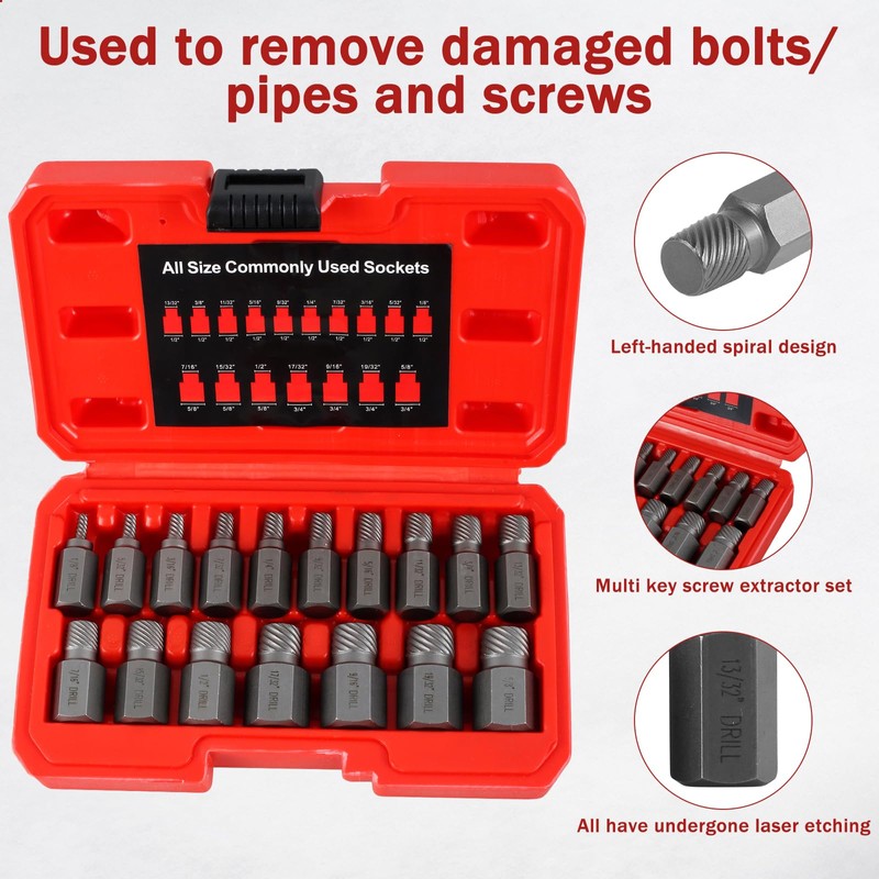 17Pcs Screw Extractor Set Hex Head Easy Out Bolt Extractor