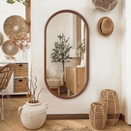 TheiaMo Oval Full Length Mirror, 48"X24" Walnut Full Body Mirror with Wood Frame，Decorative Wall Mirror for Bathroom, Living Room, Bedroom, Bathroom, Entryway, Vertical/Horizontal