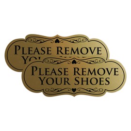 All Quality Designer Please Remove Your Shoes Wall or Door Sign - No Shoes Signage | Easy Installation - Brushed Gold - Medium (2 Pack)