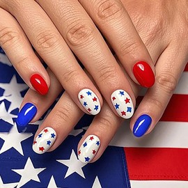 CJDLTS Independence Day Press on Nails Short Oval Shaped Star Design 4th of July Patriotic False Nail Full Cover Glossy Artificial Stick on Nail Red Blue Holiday Glue on Nails for Women 24Pcs