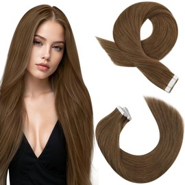 Moresoo Brown Hair Extensions Tape in Remy Human Hair 20Pcs Chestnut Brown Tape in Hair Extensions for Women 50G Human Hair Glue in Extensions Color #8 Straight 22 Inch