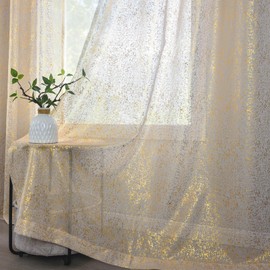 TERLYTEX Gold Sheer Curtains 84 Inches Long, 2 Panels Sparkle Glitter Spray Metallic Sheer Gold Curtains for Living Room, Privacy Grommet Shimmer Taupe Sheer Window Curtains, 52 x 84 Inch, Gold Taupe