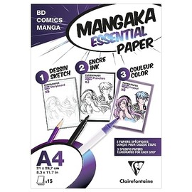 Clairefontaine 94050C Mangaka Essential Paper, 15 Sheets Assorted, DIN A4 21 x 29.7 cm to Discover Manga Drawing, White, 1 Pack
