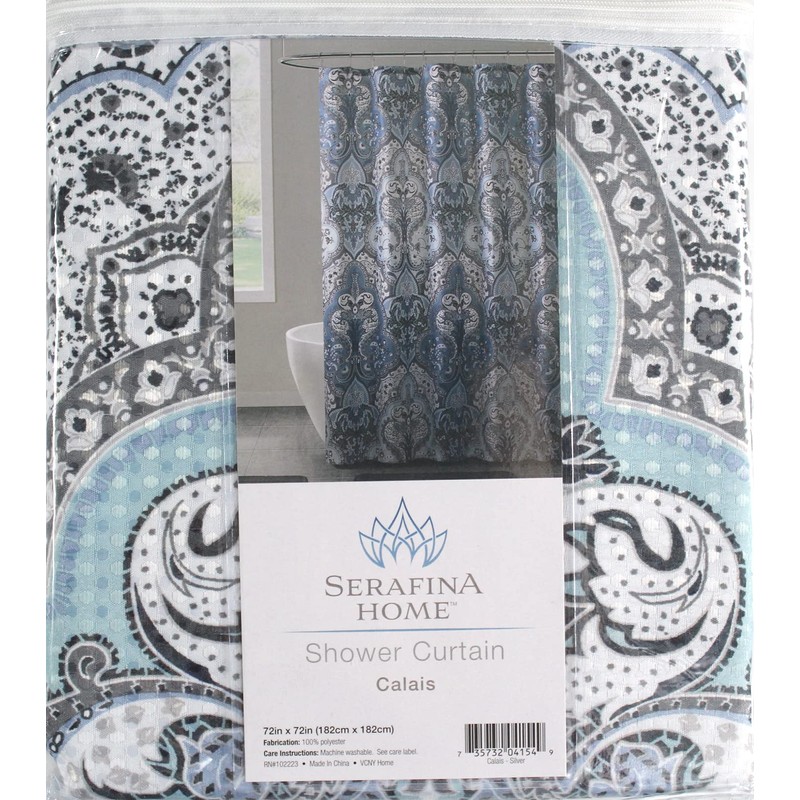 Decorative Blue & Silver Grey Gray Boho Fabric Shower Curtain,