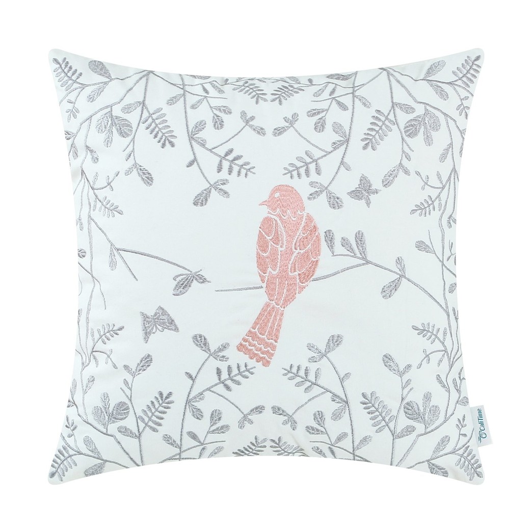 CaliTime Cotton Throw Pillow Case Cover for Bed Couch Sofa Cute Bird in Gray Garden Embroidered 18 X 18 Inches Coral Pink