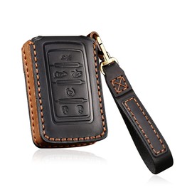 HIBEYO Key Fob Cover for Jeep Grand Cherokee Grand Wagoneer 2021 2022 Accessories with Keychians Leather Key Case Shell 6 Buttons-Black