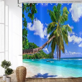 ASDCXZ Shower Curtain Palm Trees Beach 180 x 180 cm, Summer Seaside Blue Sky Tropical Plants Shower Curtains Washable Polyester Textile Waterproof Shower Curtain for Bath with 12 Shower Curtain Hooks