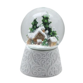 20148 Elegant Snow Globe Hut Magic with White Artificial Stone Base Winter Mountain Hut Winter Forest Music Box 10 cm Diameter