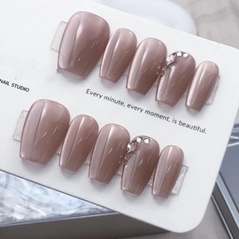 Pure Handmade Nails Press on Nail Reusable Fake Nails Pink CatEyes RhineStones Bling Bling Medium Stick on Nails French Tip False Nails 10pcs (M, Q302 NAILS)