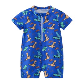 YAGATA Baby Swimsuit Boy Infant One Piece Rash Guard Bathing Suit Short Sleeve Zipper Toddler Summer Beach Swimwear 3-6 Month Azure Dinosaur 80