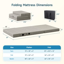 ONBRILL 4 Inch Folding Mattress Twin, Firm Portable Mattress Topper, Foldable Sofa Bed, Memory Foam Topper with Storage Bag, Washable Cover & Handle Design, Indoor/Outdoor Use for Camp, RV, Gray