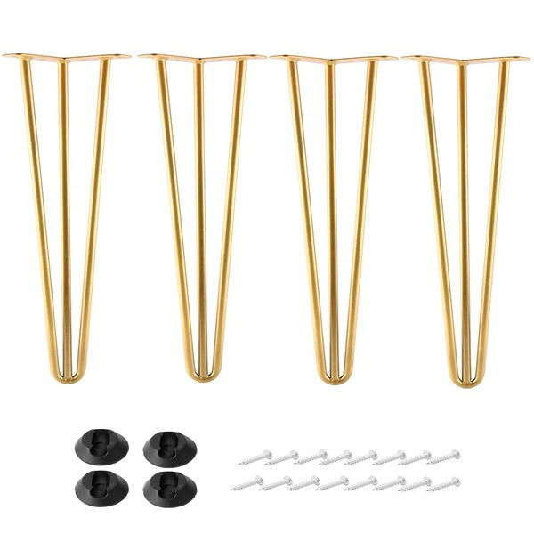ALXEH 12 Inch Hairpin Legs Metal - 1/2” Dia 3 Rods Design - Mid Century Furniture Table Legs, DIY Furniture Hairpin Feet Gold for Nightstand, Coffee Table and TV Stand, Set of 4