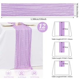 FXKS 12 Pack Lavender Cheesecloth Table Runner 10FT Cheese Cloths for Wedding Decor, 20x120inch Rustic Boho Gauze Table Runners for Wedding Party Bridal Shower Table Decoration