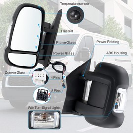 Lqito Left Driver Side Door Mirror Compatible With 2014-2025 Ram Promaster 1500 2500 3500 With Power Glass Power Folding Turn Signal Heated Temperature Sensor Black Replace#CH1320432(8+4Pins)