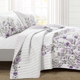 Lush Decor Tanisha Reversible Floral Quilt Set, 5 Piece Set, Full/ Queen,Gray & Purple -Elegant Floral Bedding Set - Purple Lavender Quilt-Beautiful Flower Print-Modern Farmhouse & Cottage Home Décor