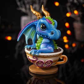 Dragon Figurine in Cup - Tea with Tom by Ruth Thompson, Blue, 13.5 cm, Golden Horns, Decorative Statue