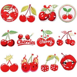 12Pcs Cherry Iron on Patches Cute Fruit Cherry Bomb Sew on Repair Embroidered Applique Red Aesthetic Girly Style Bow Skull Lip DIY Crafts Accessories Gifts for Girls Women Clothing Backpack Hat (Red)