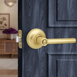 LOQRON Brushed Gold Round Style Door Handle with Privacy Locking, Privacy Reversible Door Lever for Bathroom or Bedroom Door, Satin Brass Finish