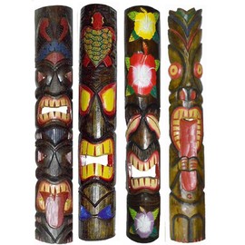 WorldBazzar Set of 4 40" Polynesian Hawaiian Tiki Bar Style Wall Masks Island Art